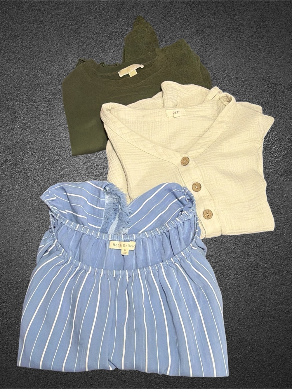 Lot of 3 Tops /Blue Striped Off-Shoulder Top with Cream Cardigan & Olive Tee